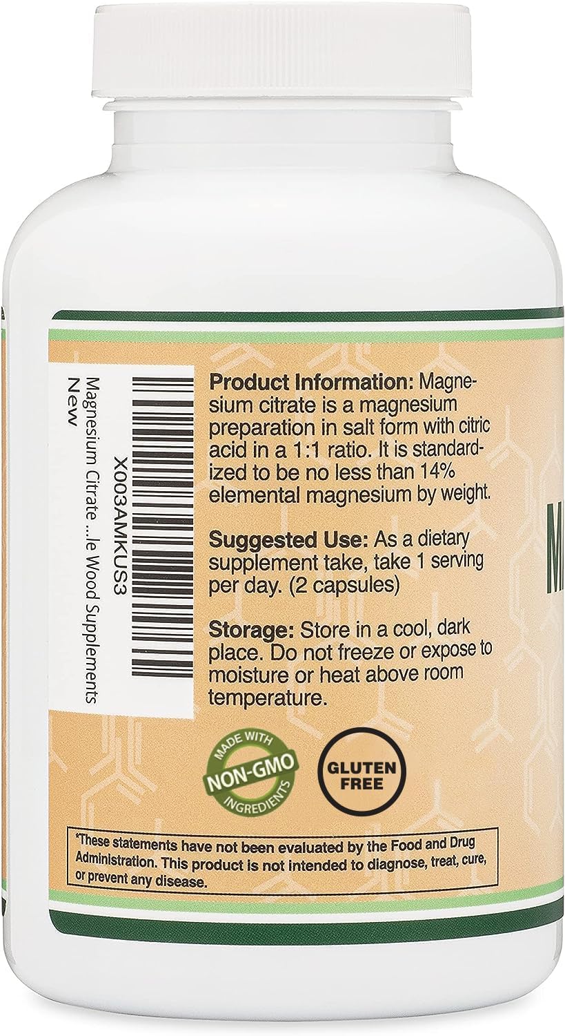 180 Capsules of Vegan Safe Magnesium Citrate 800mg for Digestion & Constipation Support - Non-GMO by Double Wood Supplements