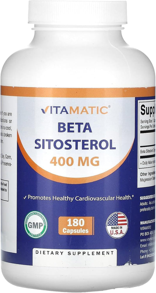 180 Capsules of Vitamatic Beta Sitosterol 400 mg Supplement for Prostate Health and Cholesterol Support