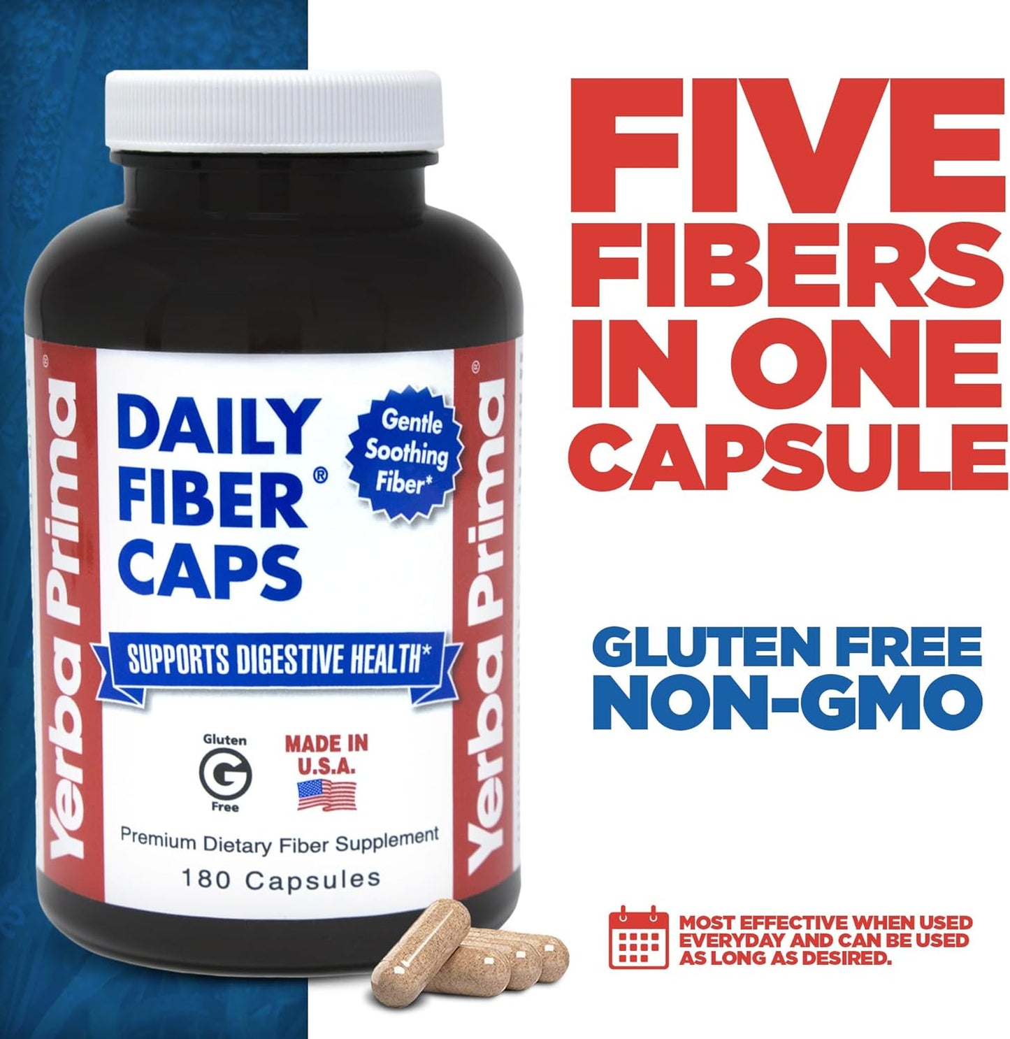 180 Capsules of Yerba Prima Daily Fiber Formula - Pack of 2 - Soluble & Insoluble Fiber Supplement for Colon Cleanse and Gut Health - Vegan, Non-GMO, Gluten-Free