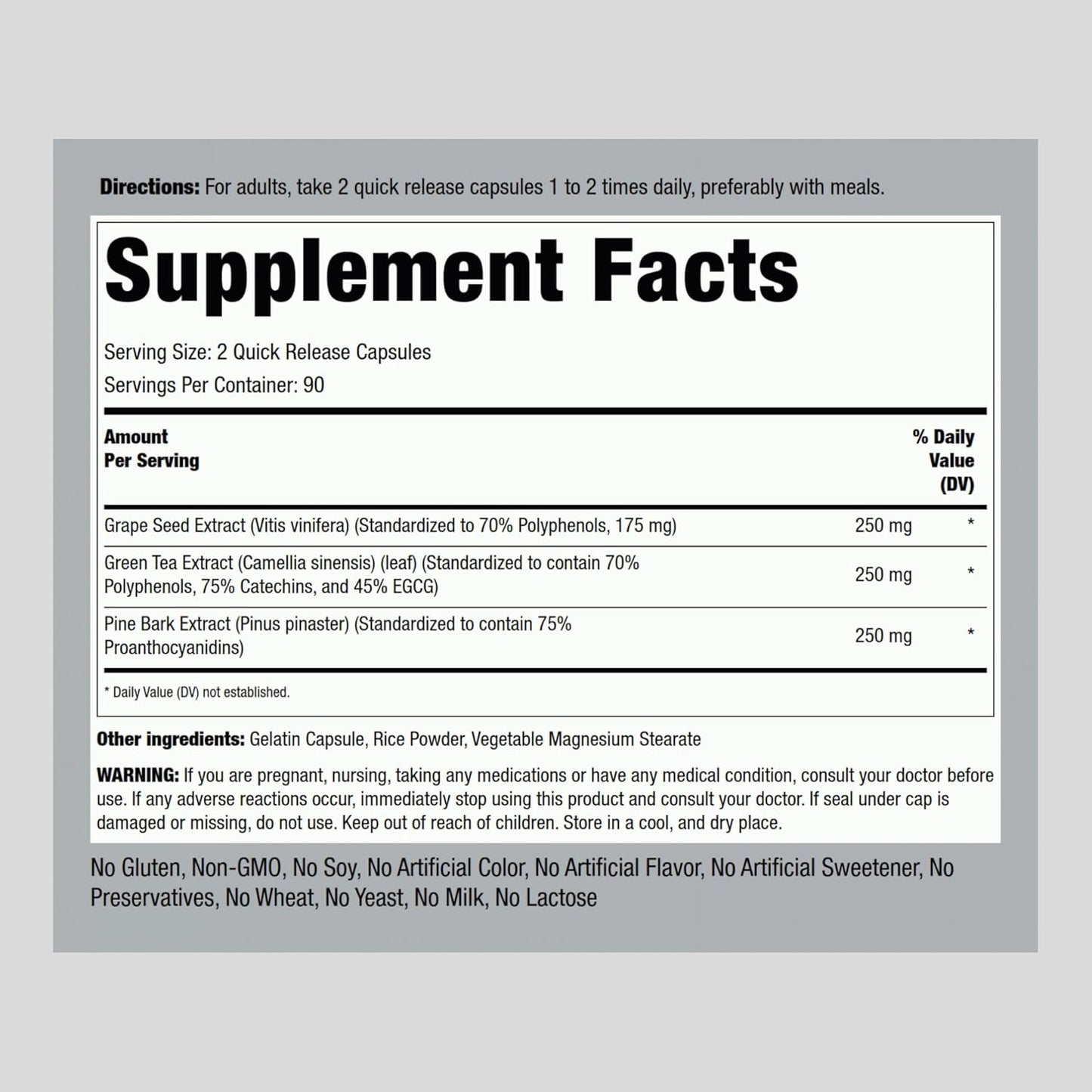 180 Capsules Piping Rock Grape Seed, Green Tea & Pine Bark Complex - Standardized Extract, Non GMO, Gluten Free Supplement