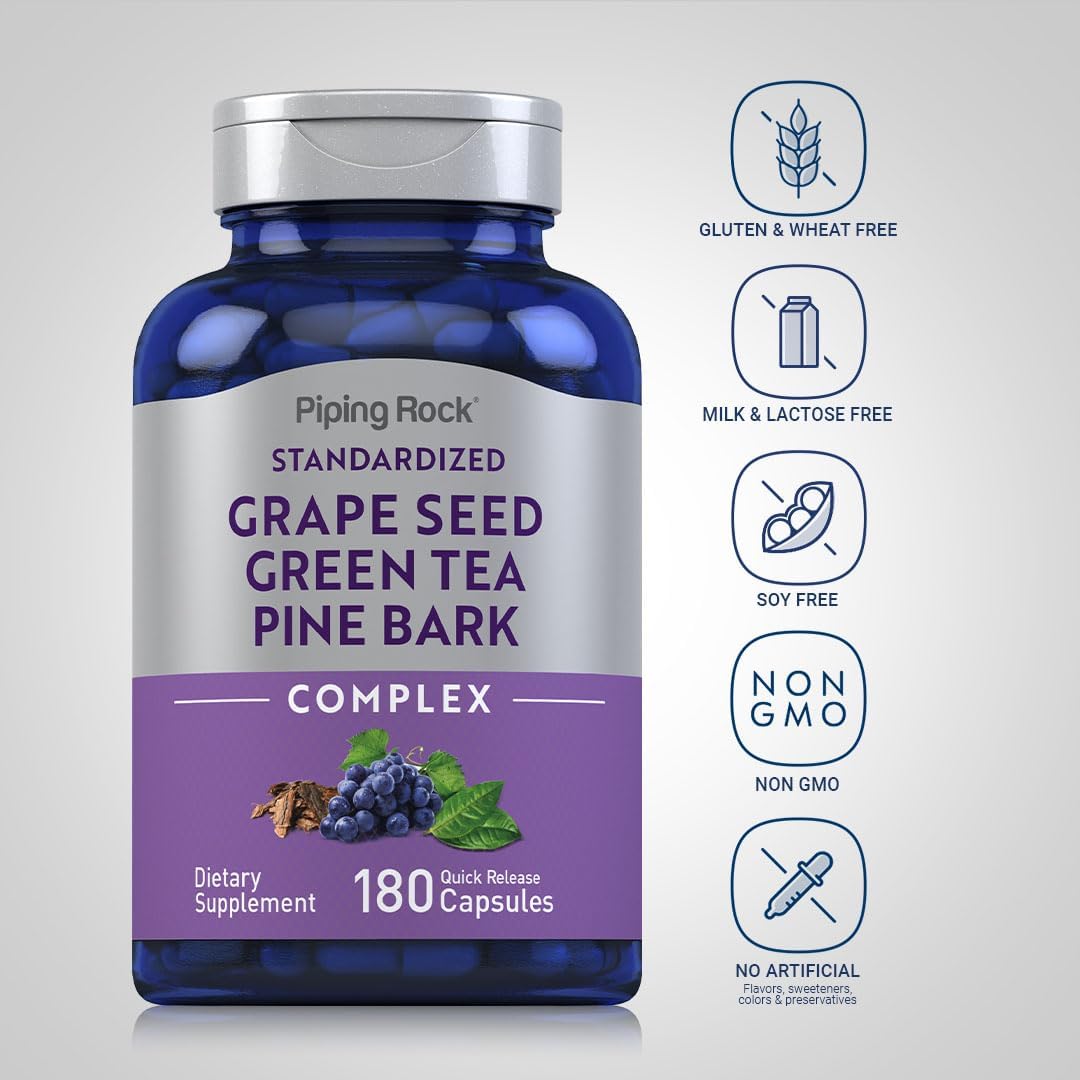 180 Capsules Piping Rock Grape Seed, Green Tea & Pine Bark Complex - Standardized Extract, Non GMO, Gluten Free Supplement
