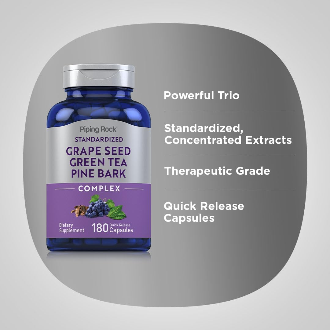 180 Capsules Piping Rock Grape Seed, Green Tea & Pine Bark Complex - Standardized Extract, Non GMO, Gluten Free Supplement