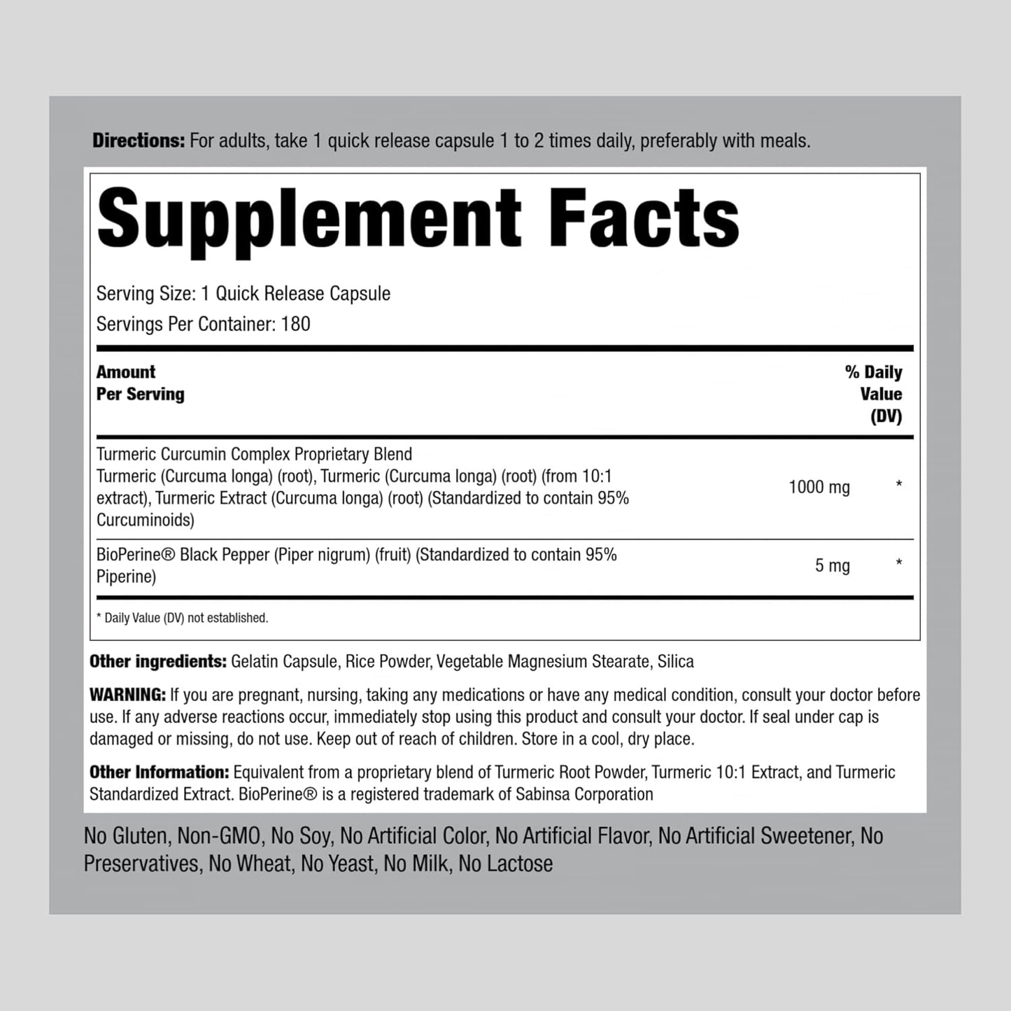 180 Capsules Piping Rock Turmeric Curcumin with Black Pepper 1000mg Complex - Non-GMO, Gluten Free Herbal Supplement