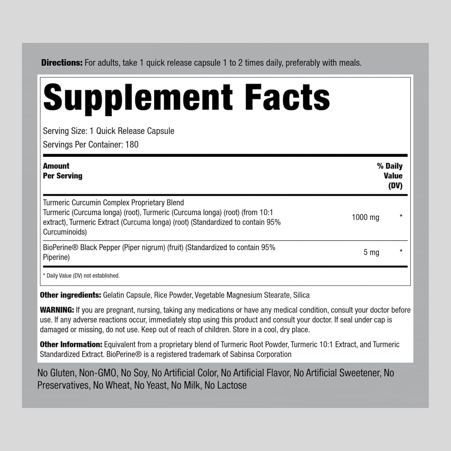 180 Capsules Piping Rock Turmeric Curcumin with Black Pepper 1000mg Complex - Non-GMO, Gluten Free Herbal Supplement