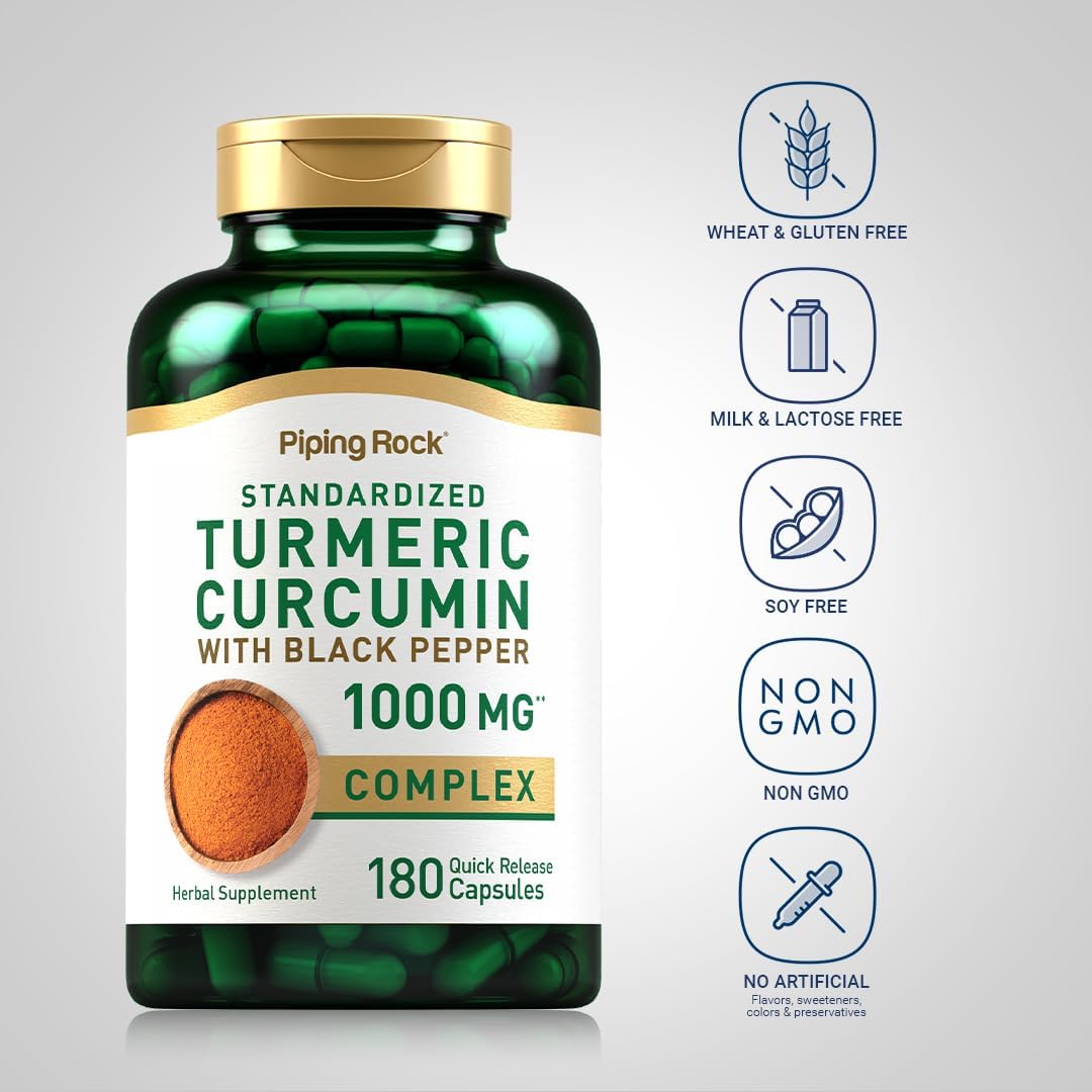 180 Capsules Piping Rock Turmeric Curcumin with Black Pepper 1000mg Complex - Non-GMO, Gluten Free Herbal Supplement
