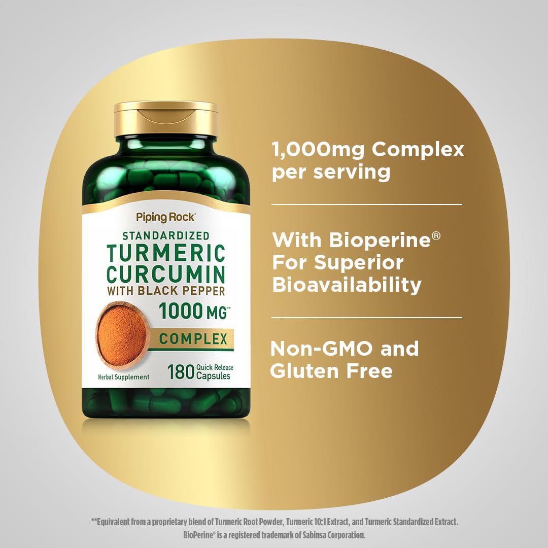 180 Capsules Piping Rock Turmeric Curcumin with Black Pepper 1000mg Complex - Non-GMO, Gluten Free Herbal Supplement