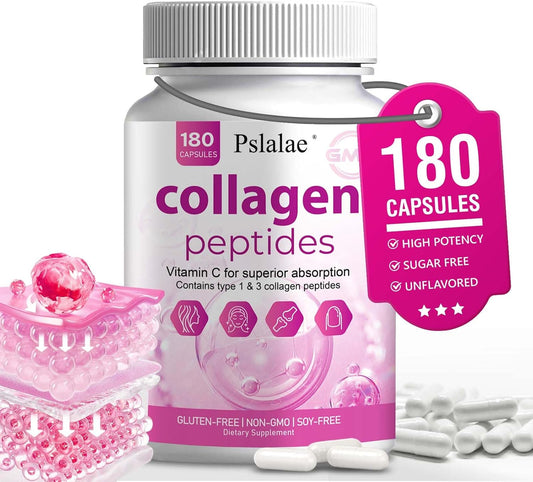 180 Capsules Pslalae Collagen Supplement with Vitamin C & E, Collagen Peptides for Skin Support, Non-GMO & Sugar Free