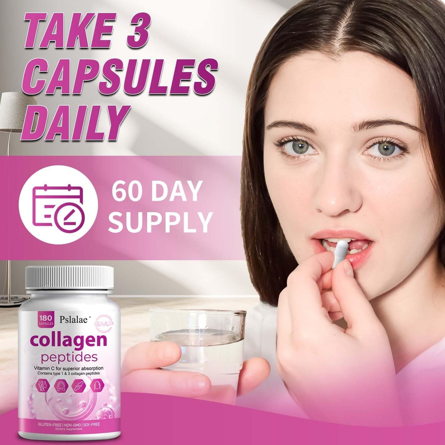 180 Capsules Pslalae Collagen Supplement with Vitamin C & E, Collagen Peptides for Skin Support, Non-GMO & Sugar Free