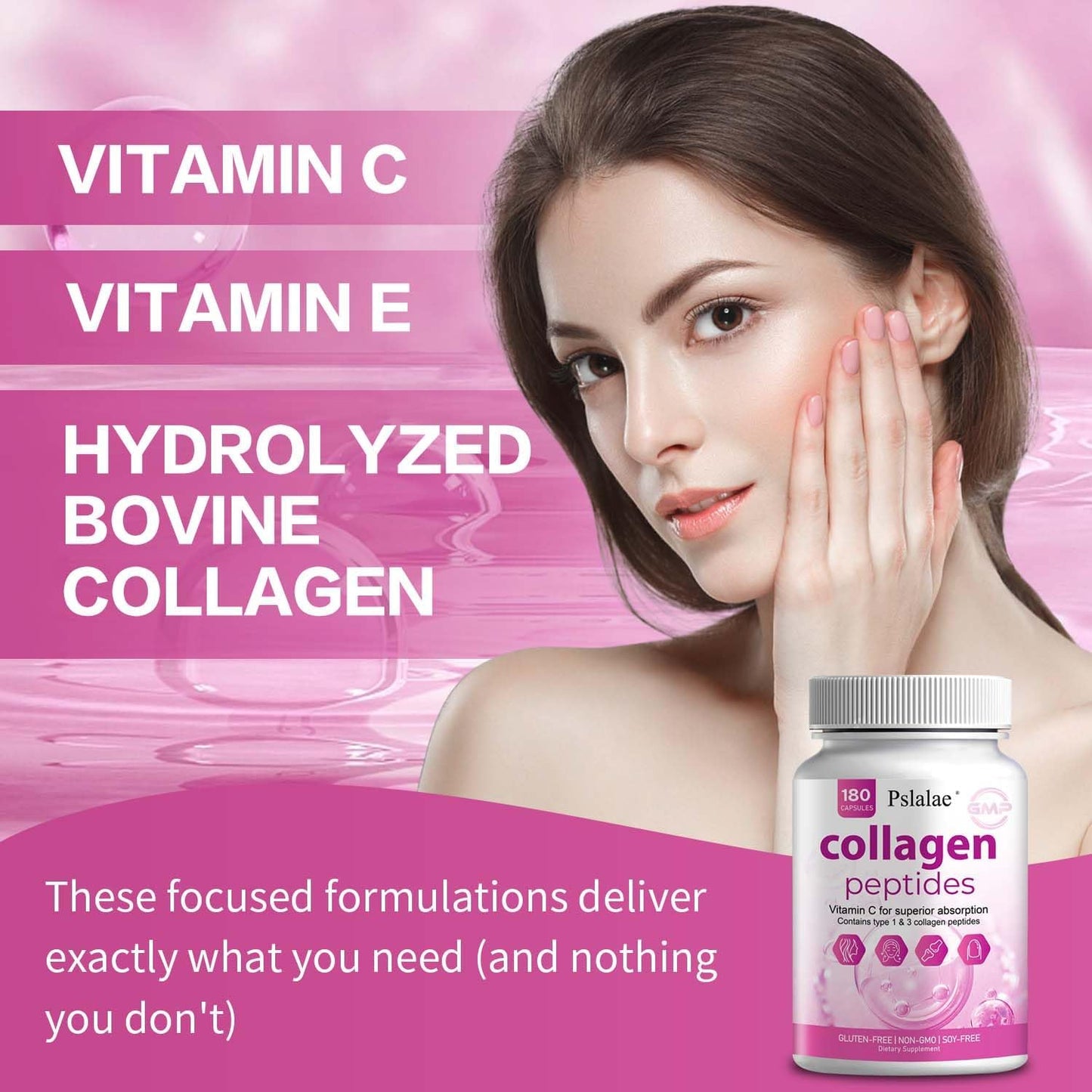 180 Capsules Pslalae Collagen Supplement with Vitamin C & E, Collagen Peptides for Skin Support, Non-GMO & Sugar Free