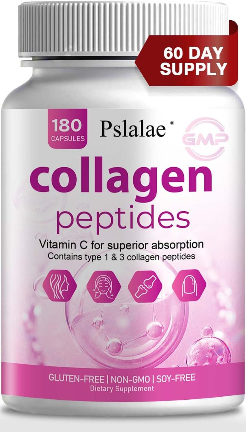180 Capsules Pslalae Collagen Supplement with Vitamin C & E, Collagen Peptides for Skin Support, Non-GMO & Sugar Free