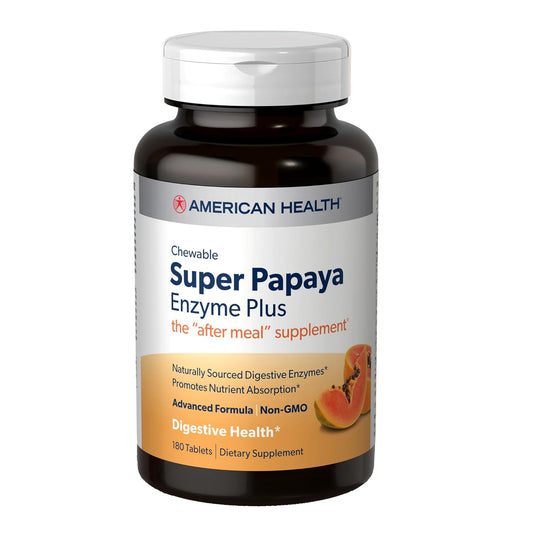 180 Chewable Tablets of American Health Super Papaya Enzyme Plus - After-Meal Supplement - Non-GMO - 60 Servings