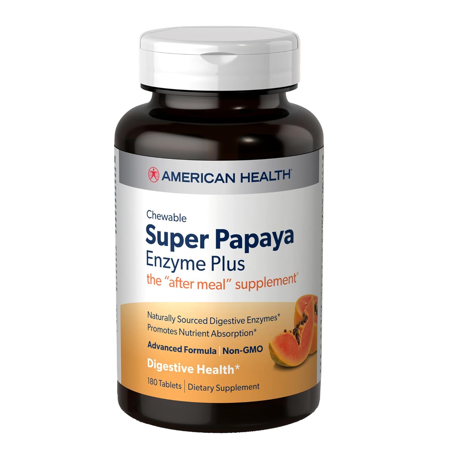 180 Chewable Tablets of American Health Super Papaya Enzyme Plus - After-Meal Supplement - Non-GMO - 60 Servings