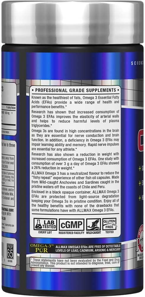 180 Count ALLMAX Nutrition Ultra-Pure Omega 3 Cold-Water Fish Oil Supplement