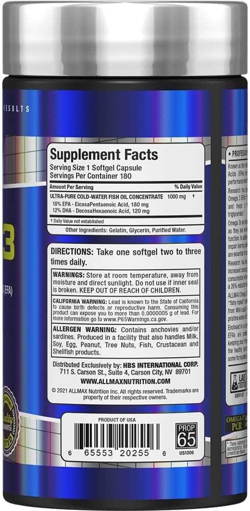 180 Count ALLMAX Nutrition Ultra-Pure Omega 3 Cold-Water Fish Oil Supplement