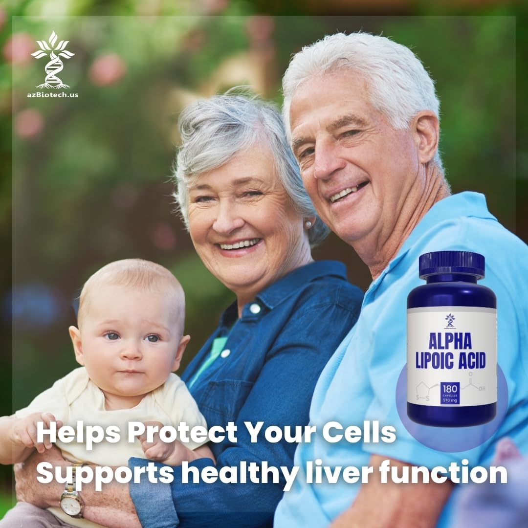 180 Count AZ BIOTECH Alpha Lipoic Acid (ALA) 570 mg Capsules - Gluten Free, Non-GMO, Vegan Formula