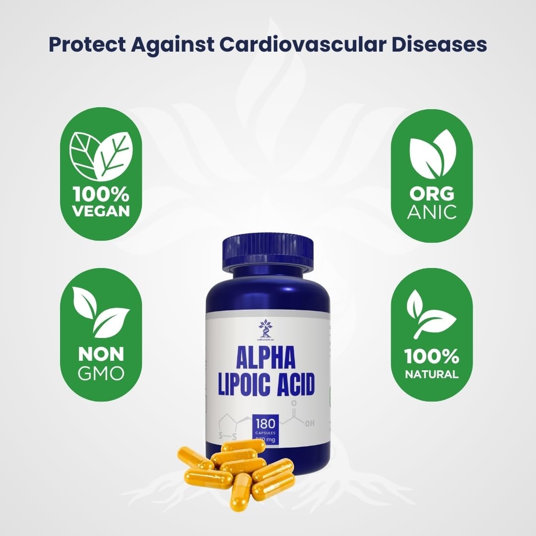 180 Count AZ BIOTECH Alpha Lipoic Acid (ALA) 570 mg Capsules - Gluten Free, Non-GMO, Vegan Formula