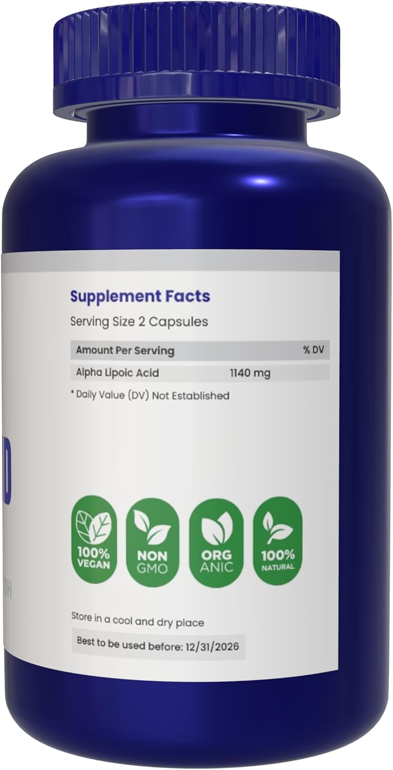 180 Count AZ BIOTECH Alpha Lipoic Acid (ALA) 570 mg Capsules - Gluten Free, Non-GMO, Vegan Formula