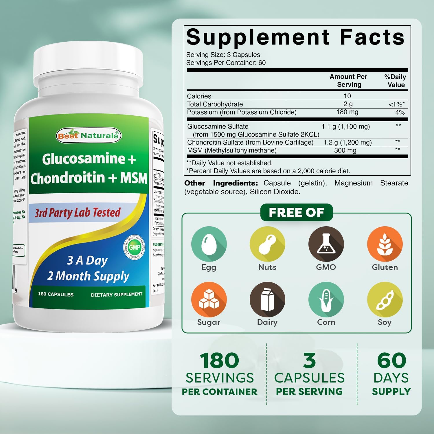 180 Count Best Naturals Glucosamine Chondroitin and MSM (Non-GMO) for Joint Health