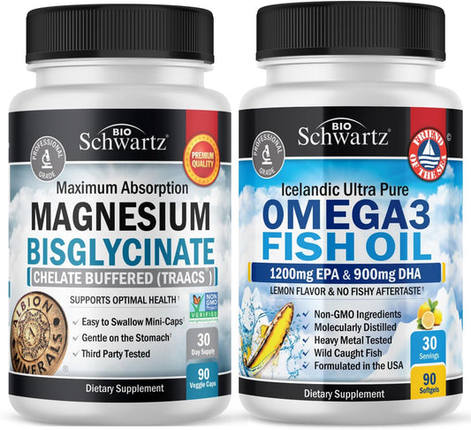 180 Count BioSchwartz Magnesium Bisglycinate + 90 Count Omega 3 Fish Oil Bundle