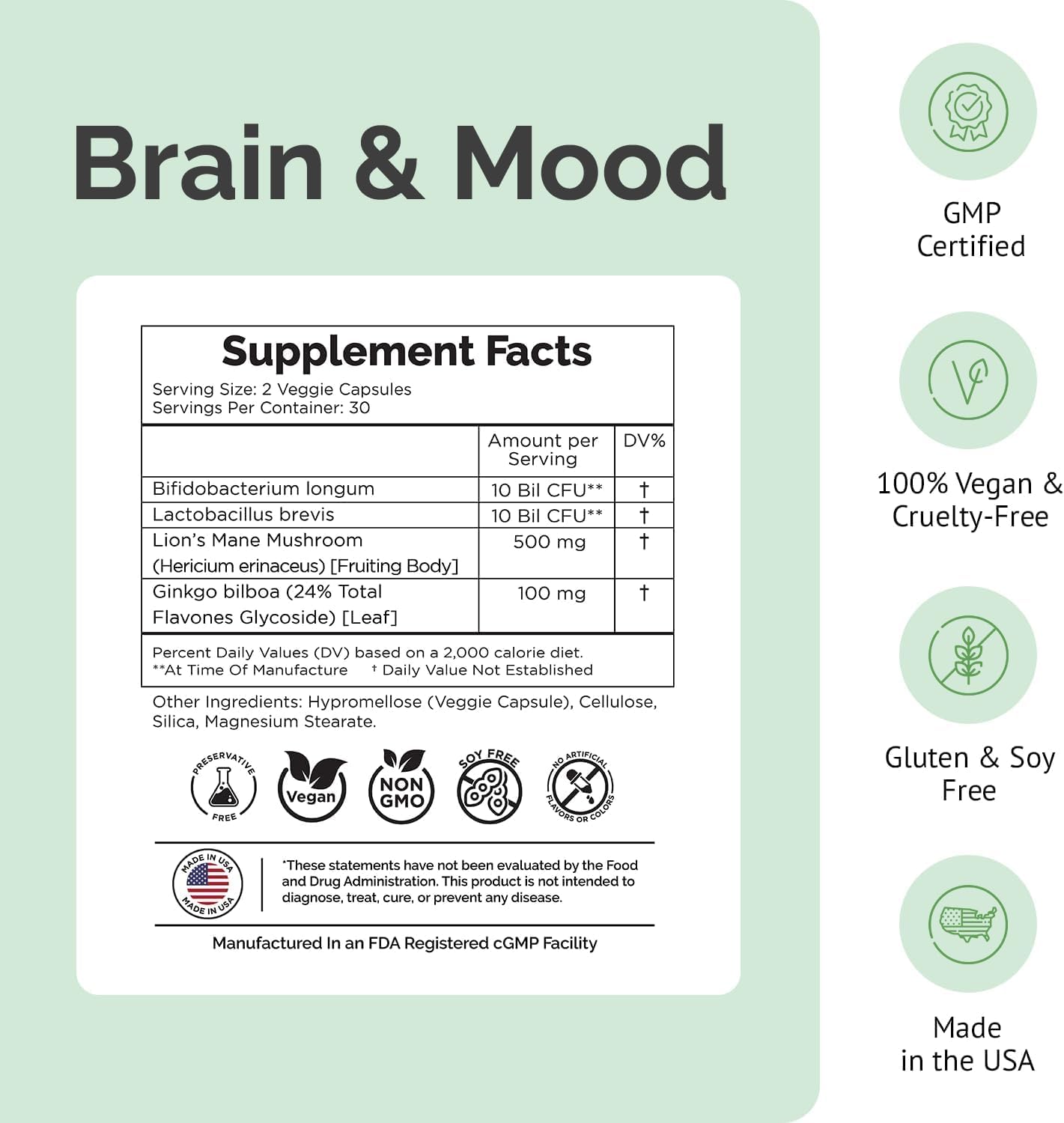 180 Count Clear Probiotics Brain Supplement with Lion’s Mane & Ginkgo Biloba for Memory, Focus, Mood & Cognitive Function - 3 Month Supply