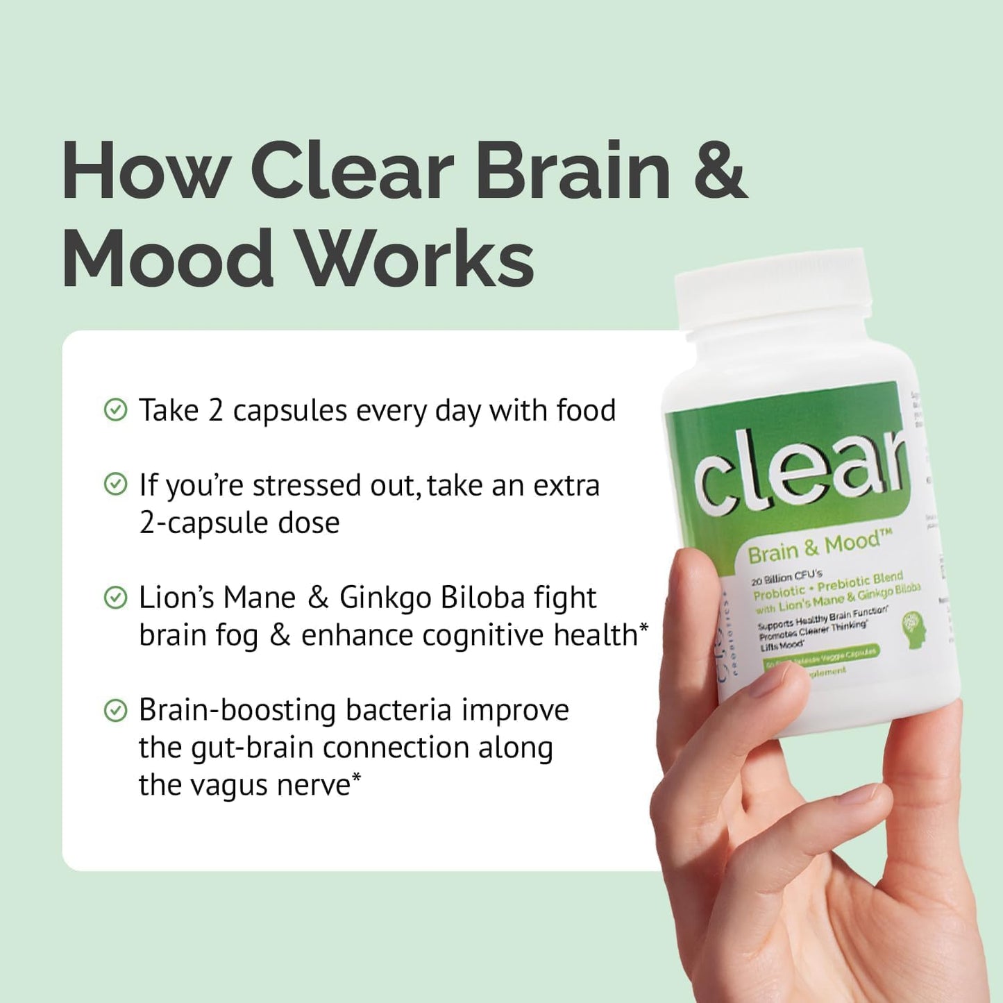180 Count Clear Probiotics Brain Supplement with Lion’s Mane & Ginkgo Biloba for Memory, Focus, Mood & Cognitive Function - 3 Month Supply