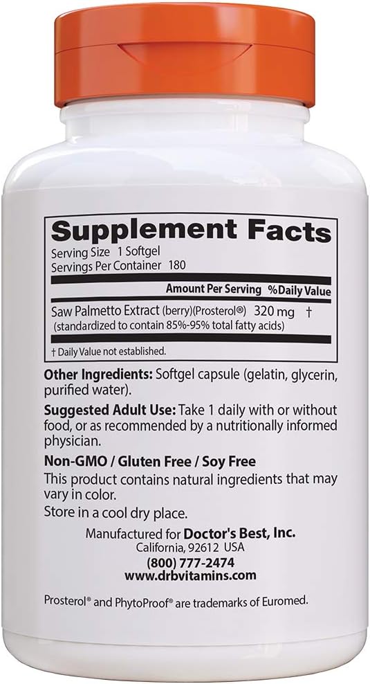 180 Count Doctor's Best Saw Palmetto Softgels with 320 Mg Formula