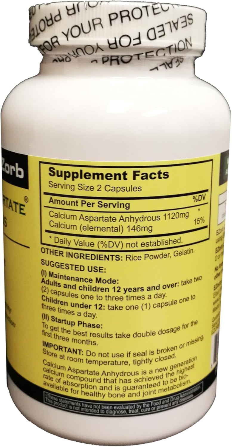 180 Count EZorb Calcium Aspartate Anhydrous Capsules for Bone, Joint, Muscle Health