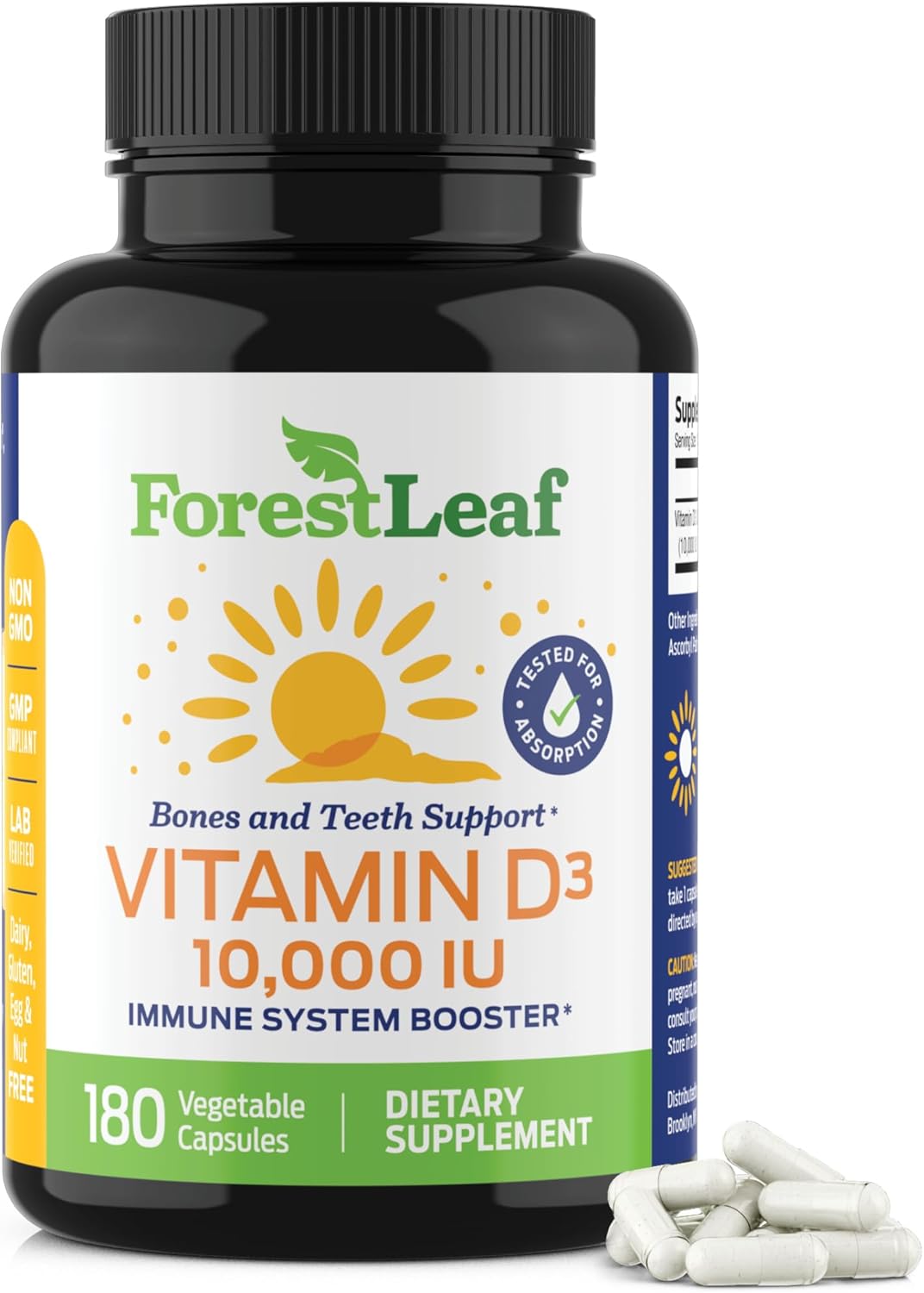 180 Count ForestLeaf Vitamin D3 10000IU Capsules for Bone Health and Immune Support - Non-GMO Gluten Free Vitamin D Supplement