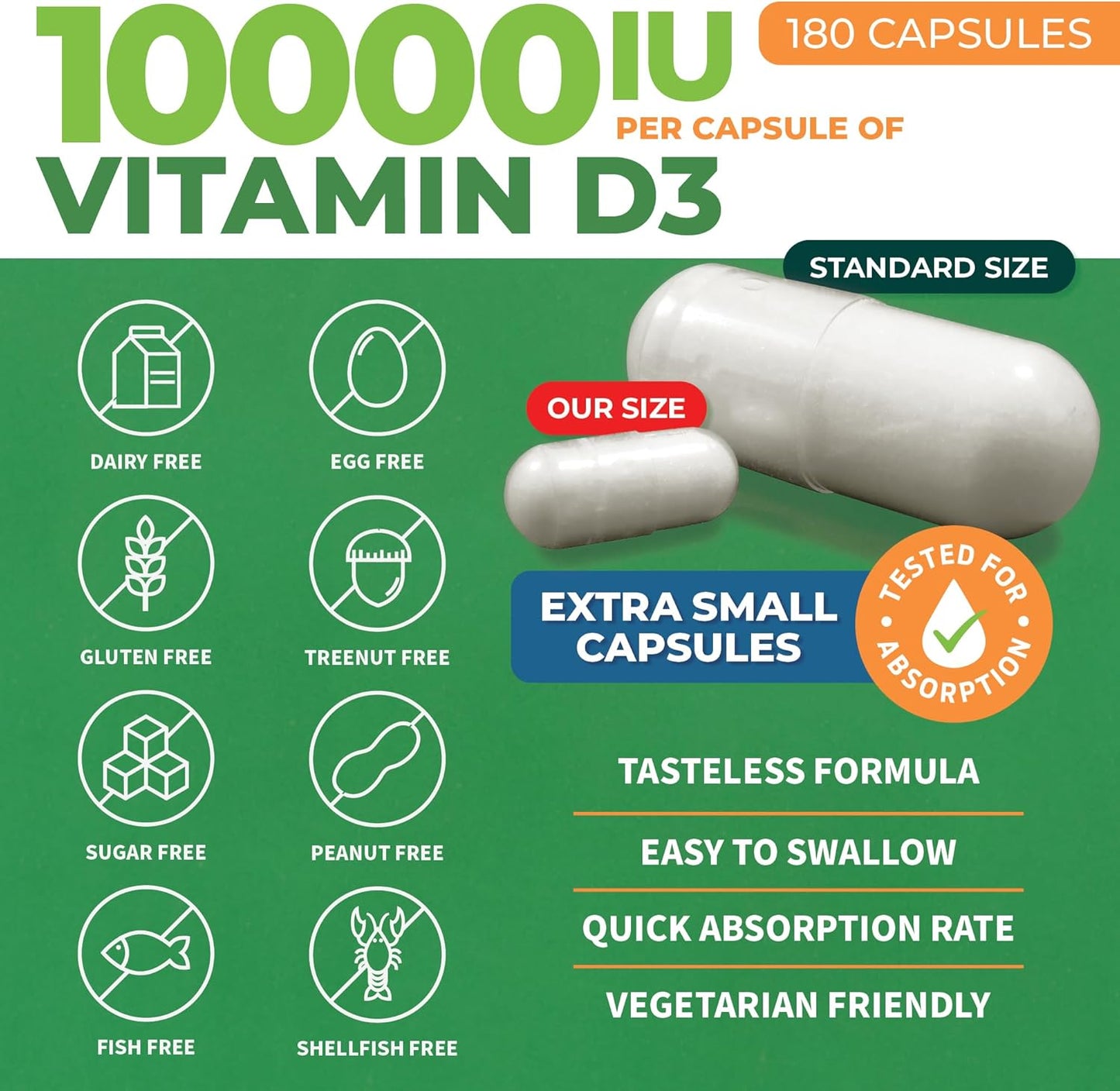 180 Count ForestLeaf Vitamin D3 10000IU Capsules for Bone Health and Immune Support - Non-GMO Gluten Free Vitamin D Supplement