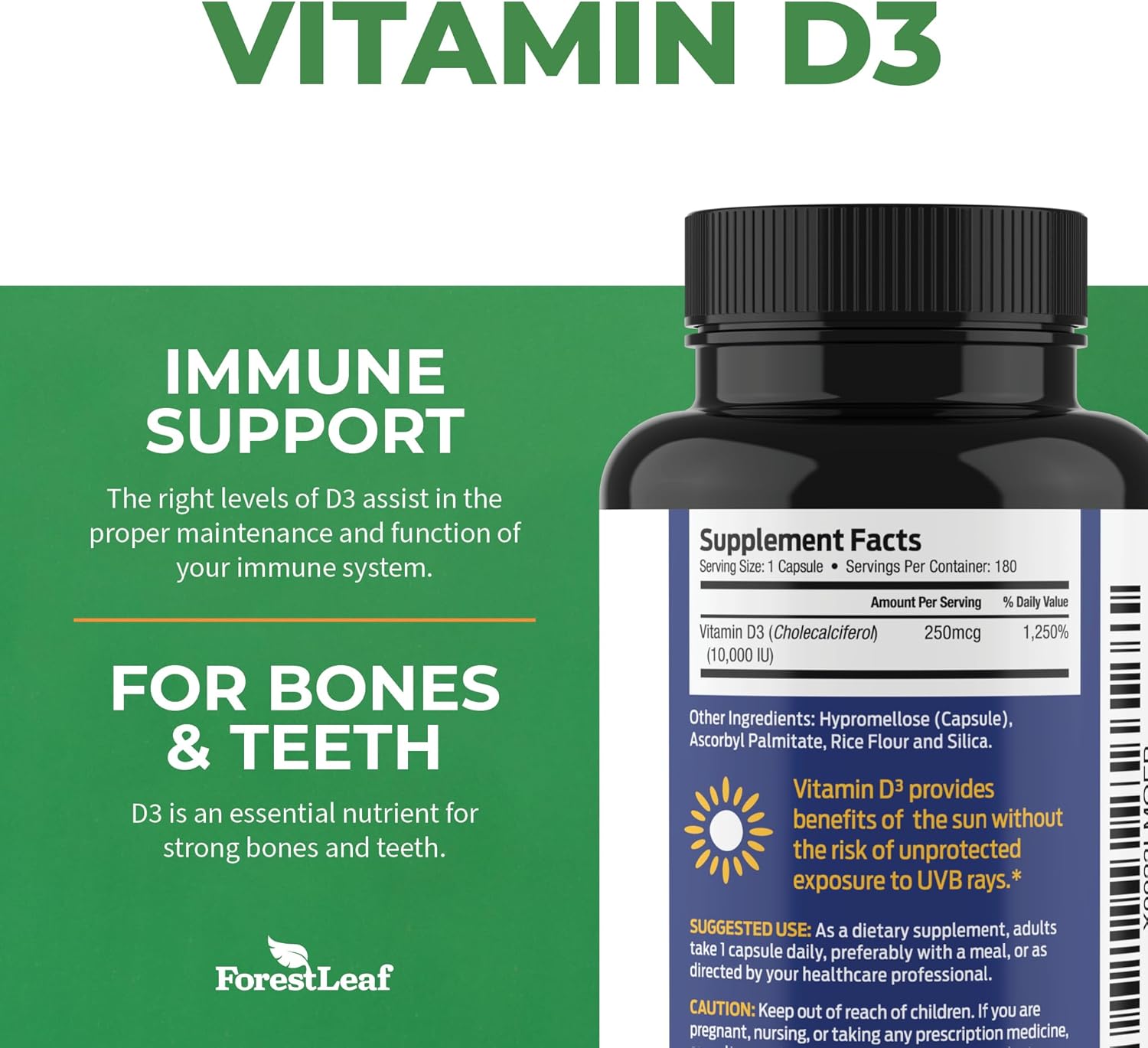 180 Count ForestLeaf Vitamin D3 10000IU Capsules for Bone Health and Immune Support - Non-GMO Gluten Free Vitamin D Supplement