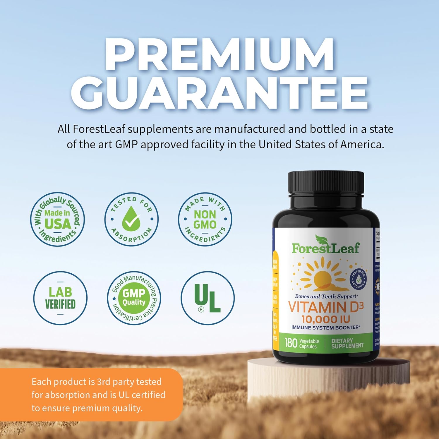 180 Count ForestLeaf Vitamin D3 10000IU Capsules for Bone Health and Immune Support - Non-GMO Gluten Free Vitamin D Supplement