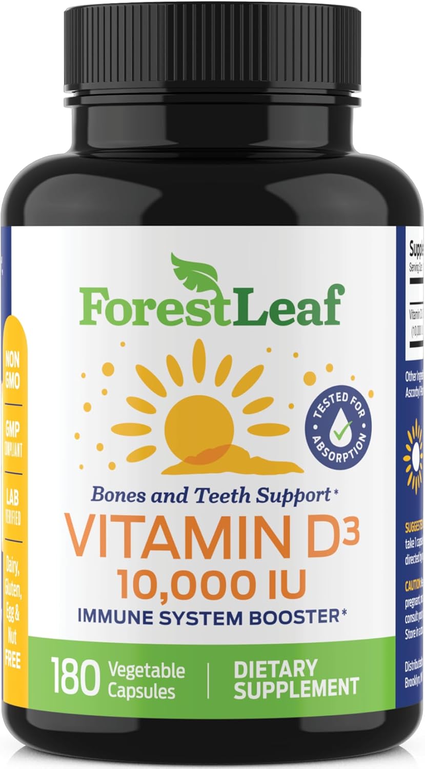 180 Count ForestLeaf Vitamin D3 10000IU Capsules for Bone Health and Immune Support - Non-GMO Gluten Free Vitamin D Supplement
