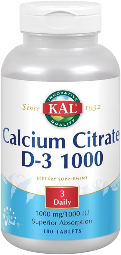 180 Count KAL Calcium Citrate with Vitamin D 1000 IU Tablets, 1000 mg - Bone Health and Immune Support