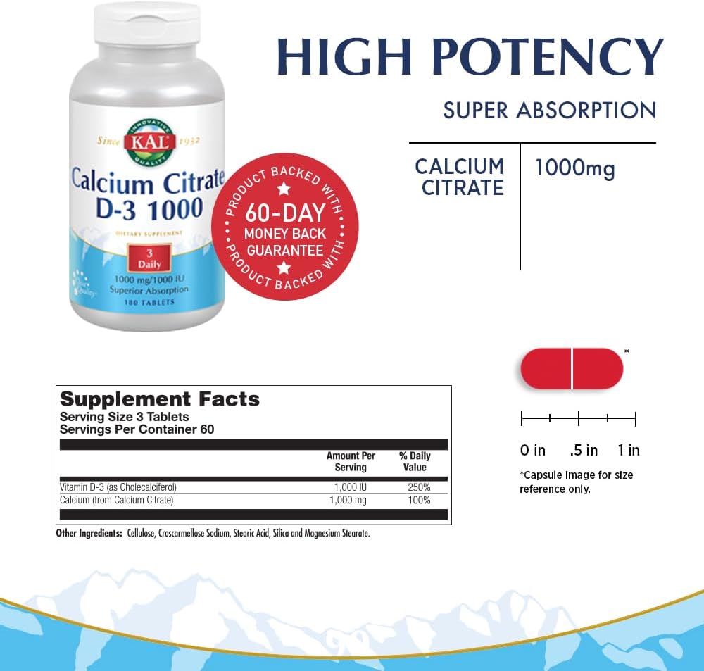 180 Count KAL Calcium Citrate with Vitamin D 1000 IU Tablets, 1000 mg - Bone Health and Immune Support
