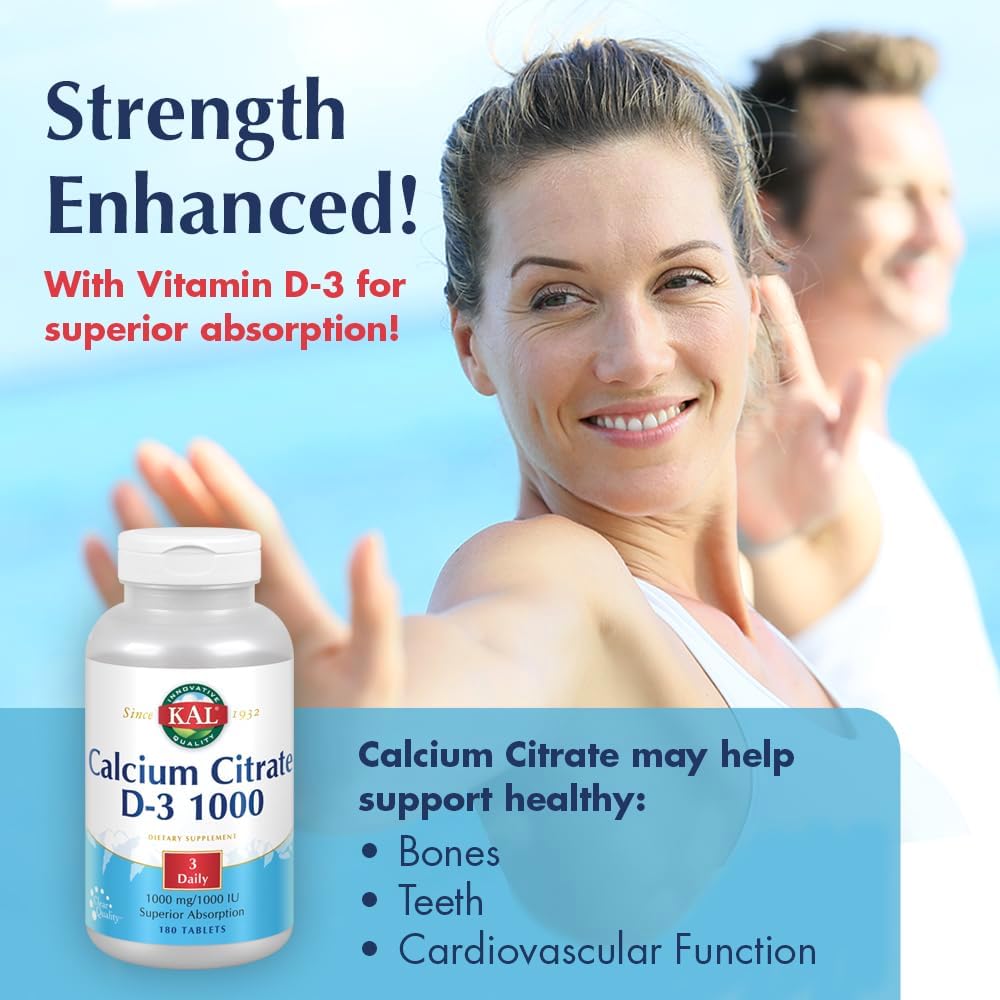180 Count KAL Calcium Citrate with Vitamin D 1000 IU Tablets, 1000 mg - Bone Health and Immune Support