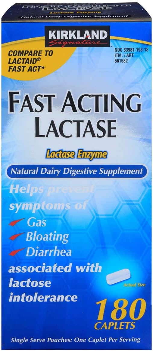 180-Count Kirkland Signature Fast Acting Lactase Caplets for Natural Dairy Digestion