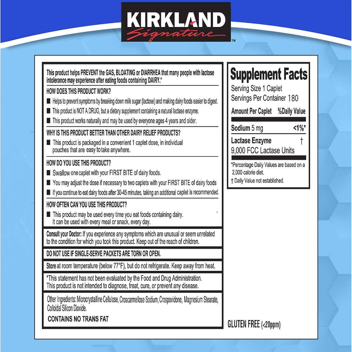 180-Count Kirkland Signature Fast Acting Lactase Caplets for Natural Dairy Digestion