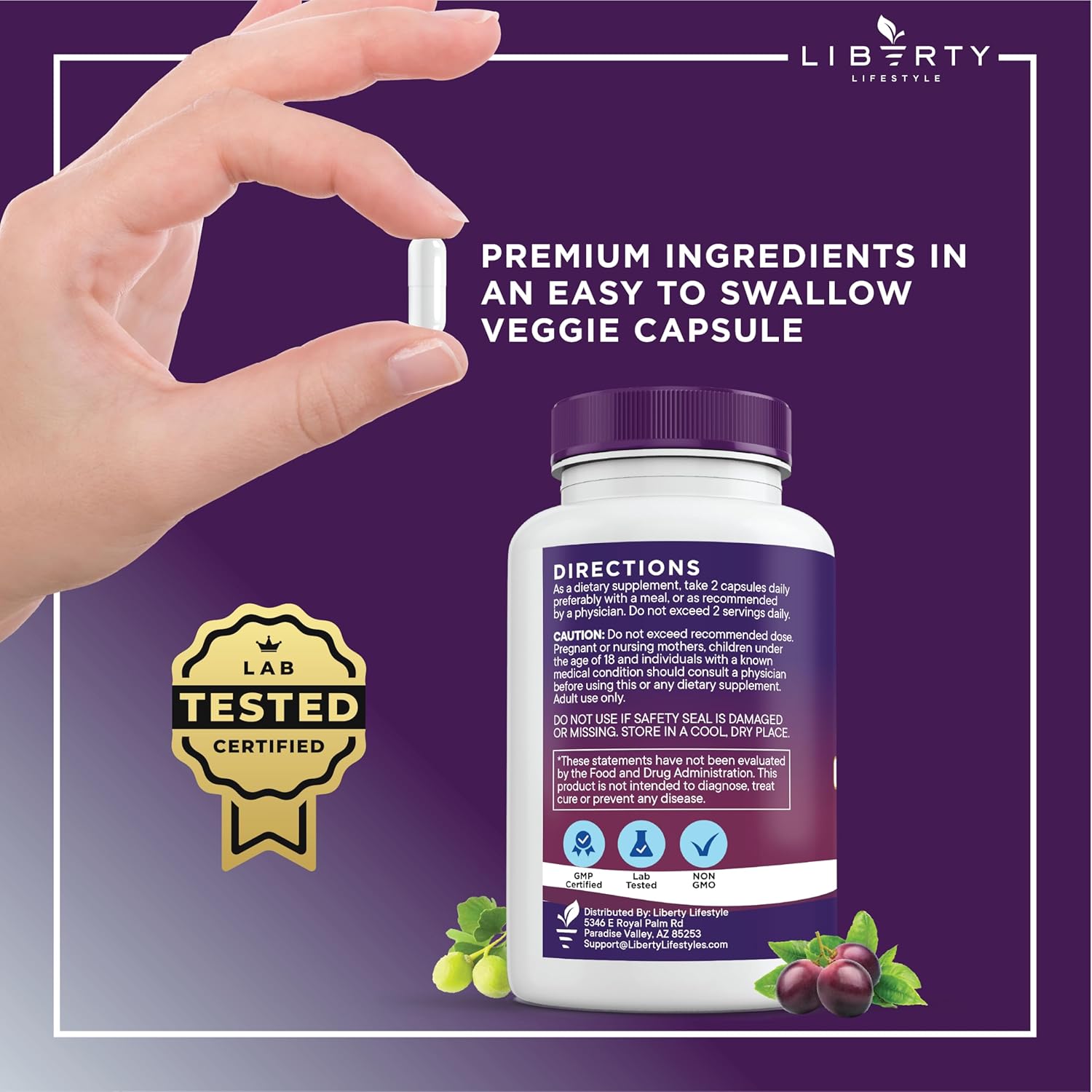 180 Count Liberty Lifestyle Resveratrol, Berberine, Grape Seed Extract, Quercetin, Polyphenol Supplement with Noni Extract, N-Acetyl Cysteine, Acai Extract for Women and Men