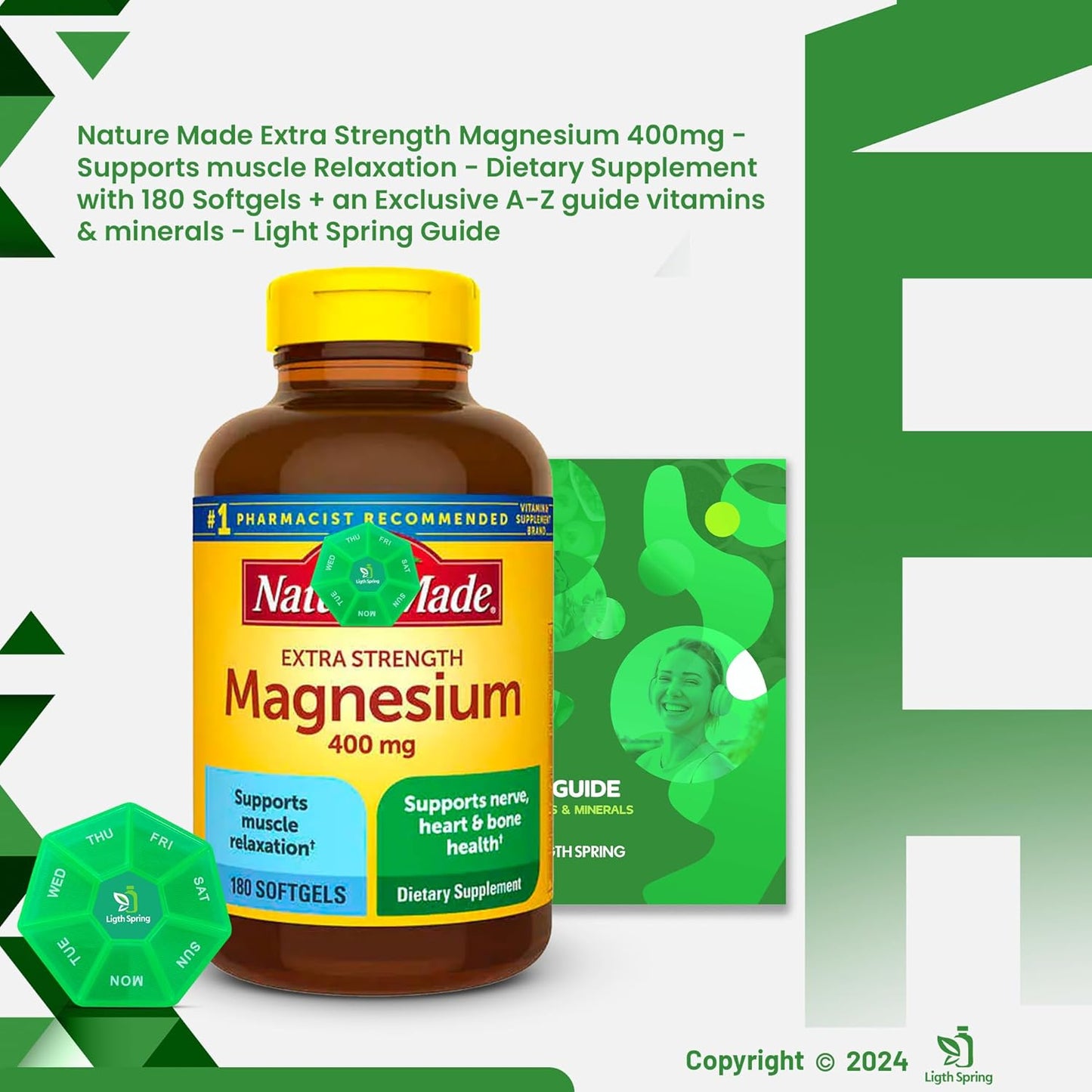 180 Count LightSpring Magnesium 400mg Bundle with Exclusive A to Z Vitamins & Minerals, Better Ligth&Spring Guide + Weekly Pill Organizer (3 Items)