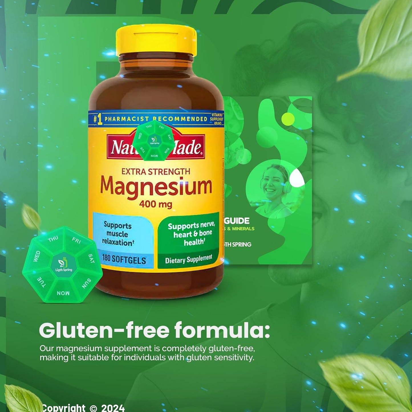180 Count LightSpring Magnesium 400mg Bundle with Exclusive A to Z Vitamins & Minerals, Better Ligth&Spring Guide + Weekly Pill Organizer (3 Items)