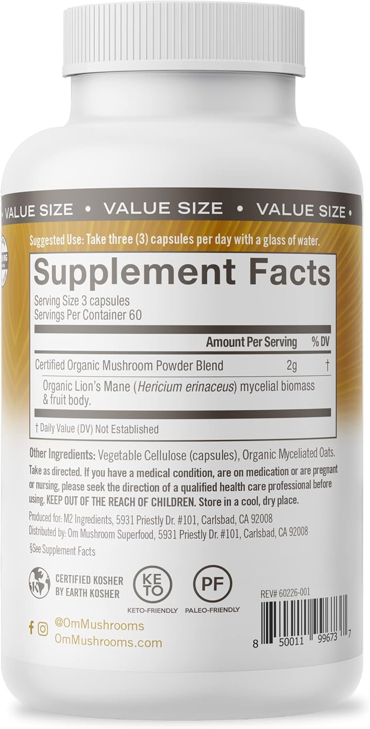 180 Count Lion's Mane Mushroom Capsules for Memory, Focus, and Mood Support