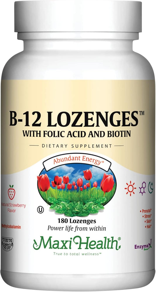 180 Count Maxi Health Vitamin B12 Lozenges with Folic Acid, Biotin, and Strawberry Flavor - Vegetarian Kosher Sublingual B12 Vitamins for Energy and Red Blood Cell Production