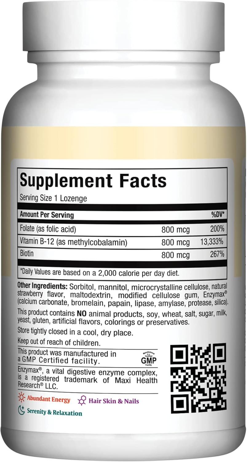 180 Count Maxi Health Vitamin B12 Lozenges with Folic Acid, Biotin, and Strawberry Flavor - Vegetarian Kosher Sublingual B12 Vitamins for Energy and Red Blood Cell Production