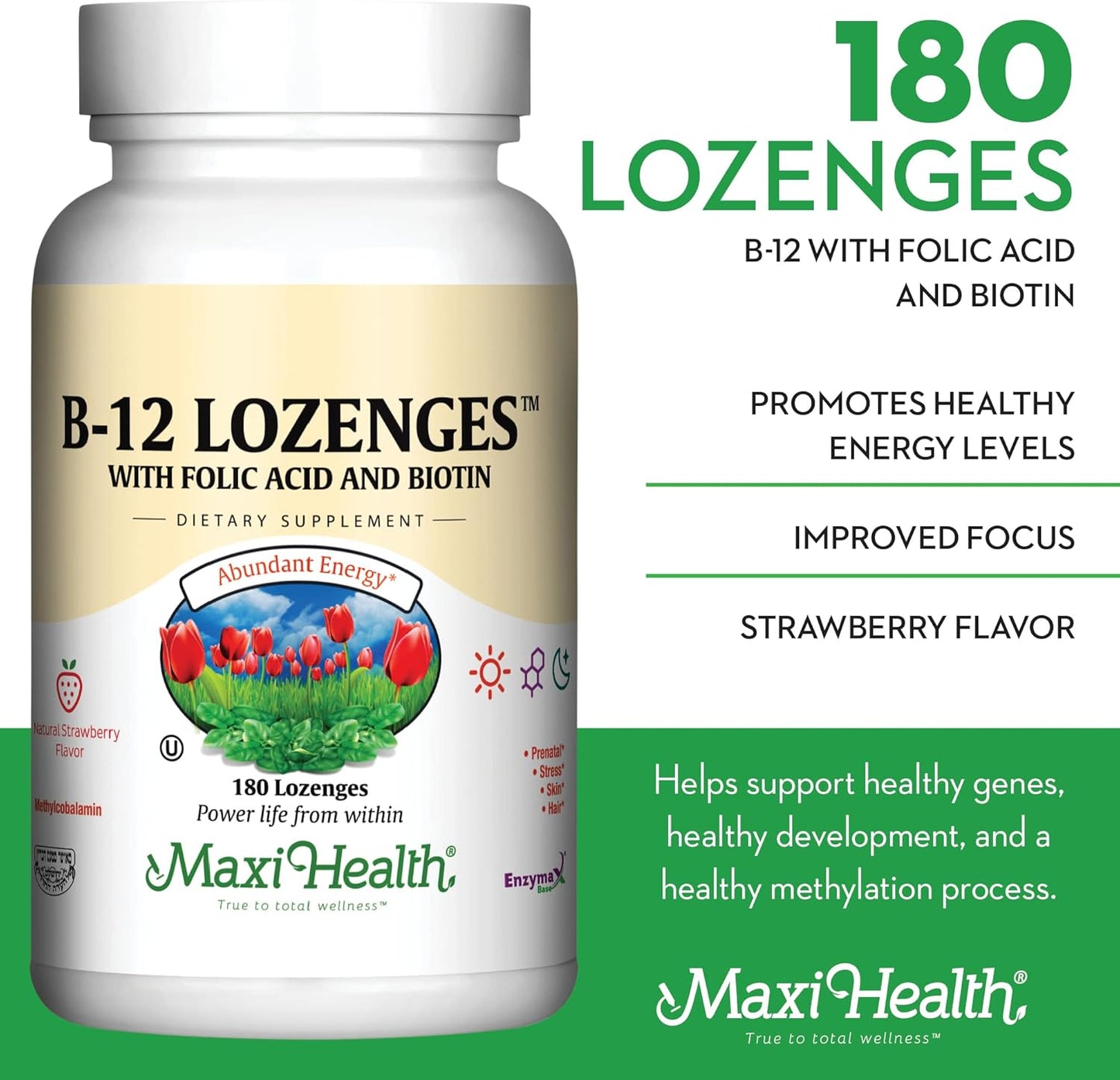 180 Count Maxi Health Vitamin B12 Lozenges with Folic Acid, Biotin, and Strawberry Flavor - Vegetarian Kosher Sublingual B12 Vitamins for Energy and Red Blood Cell Production