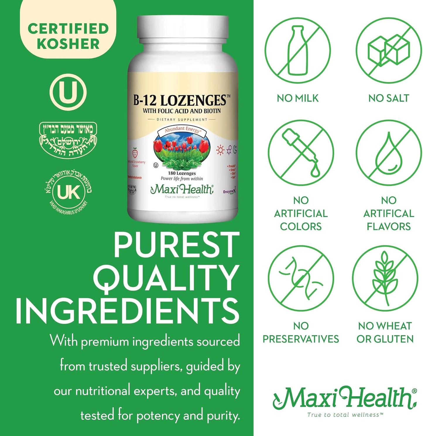 180 Count Maxi Health Vitamin B12 Lozenges with Folic Acid, Biotin, and Strawberry Flavor - Vegetarian Kosher Sublingual B12 Vitamins for Energy and Red Blood Cell Production