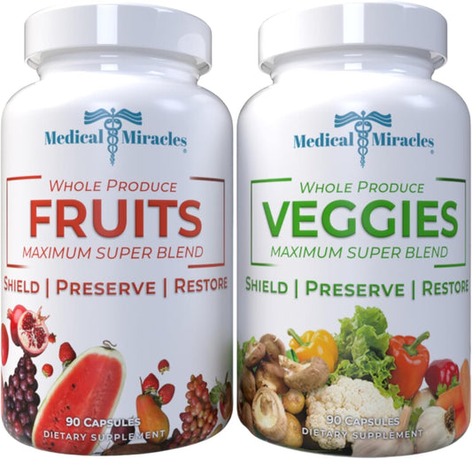 180-Count Medical Miracles Whole Food Fruit and Vegetable Supplements for Daily Use - Made in USA with 17 Veggies and 17 Fruits - 90 Veggie and 90 Fruit Capsules