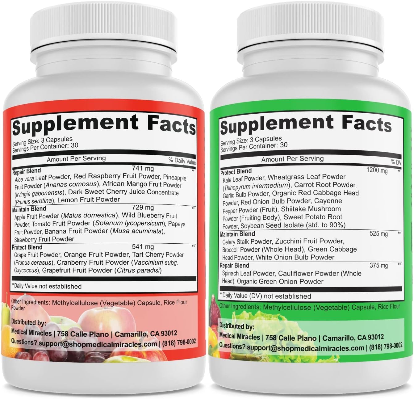 180-Count Medical Miracles Whole Food Fruit and Vegetable Supplements for Daily Use - Made in USA with 17 Veggies and 17 Fruits - 90 Veggie and 90 Fruit Capsules