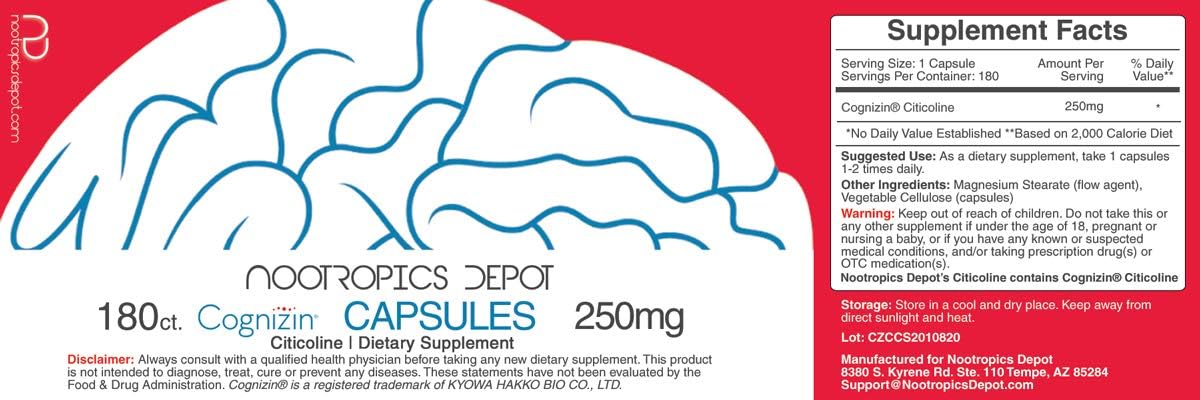 180 Count Nootropics Depot Cognizin Citicoline Capsules for Brain Health - Memory, Focus, and Attention Support
