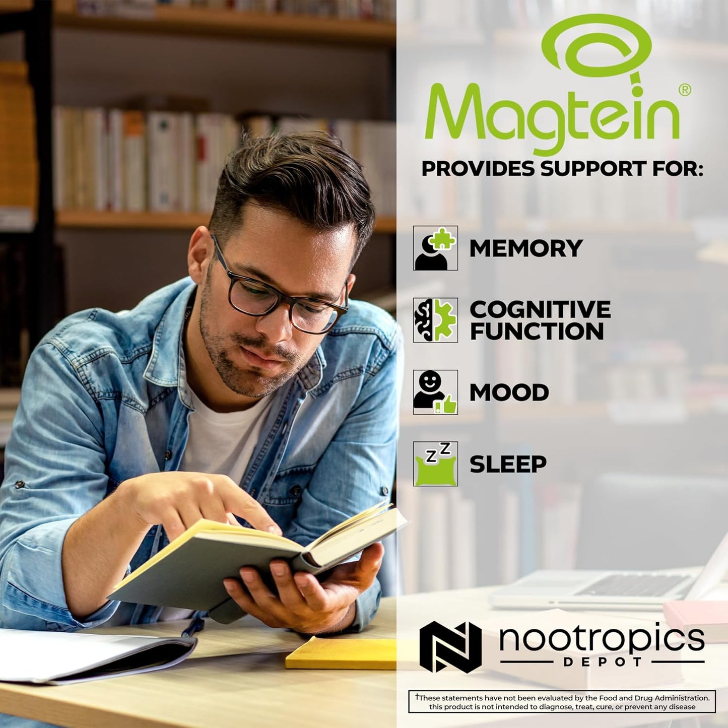 180-Count Nootropics Depot Magtein Magnesium L-Threonate Capsules - Natural Mineral Supplement for Energy and Cognitive Function Boost