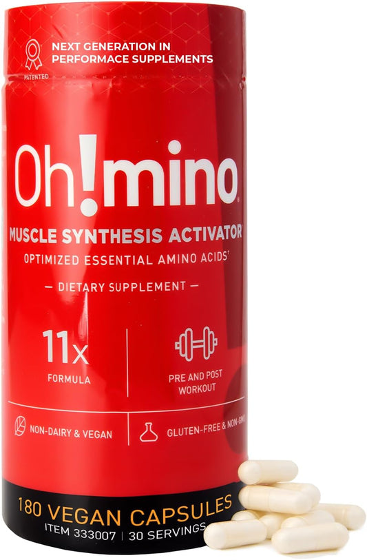 180-Count Oh!mino Amino Acids Capsules for Muscle Recovery - Vegan & Caffeinated Workout Supplement with Essential EAAs, Zero Sugar & Carbs